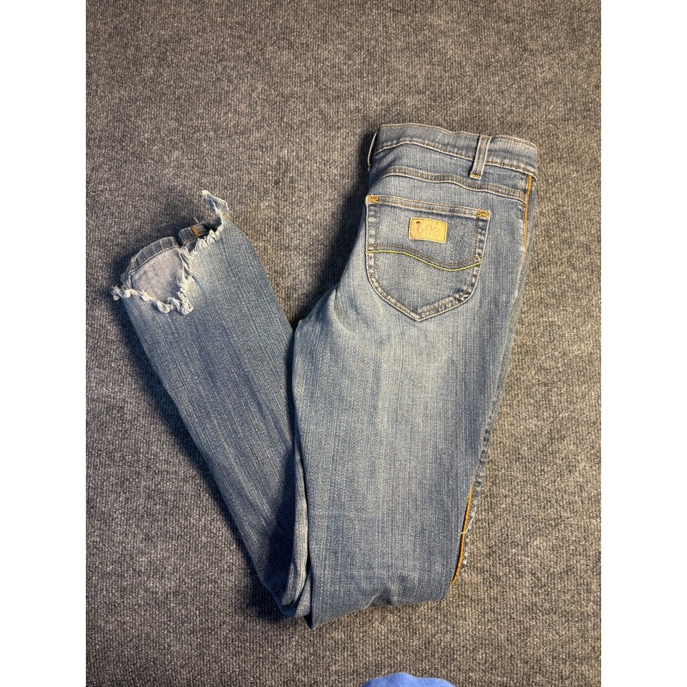 Lee Bootcut Jeans Womens 11 Blue Stretch Raw Hem Button Fly Distressed Pipe Trim